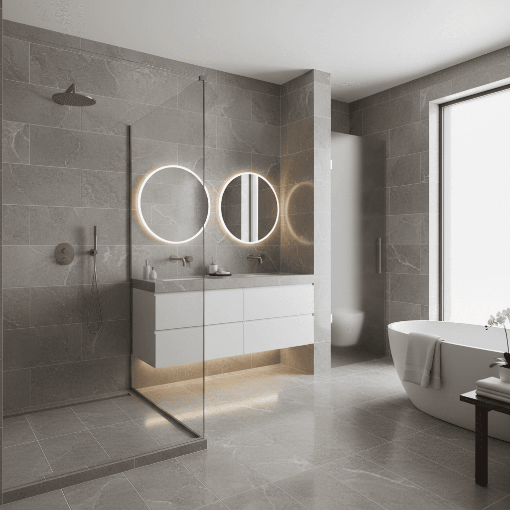 Newly remodeled bathroom with a walk-in shower and large porcelain tile