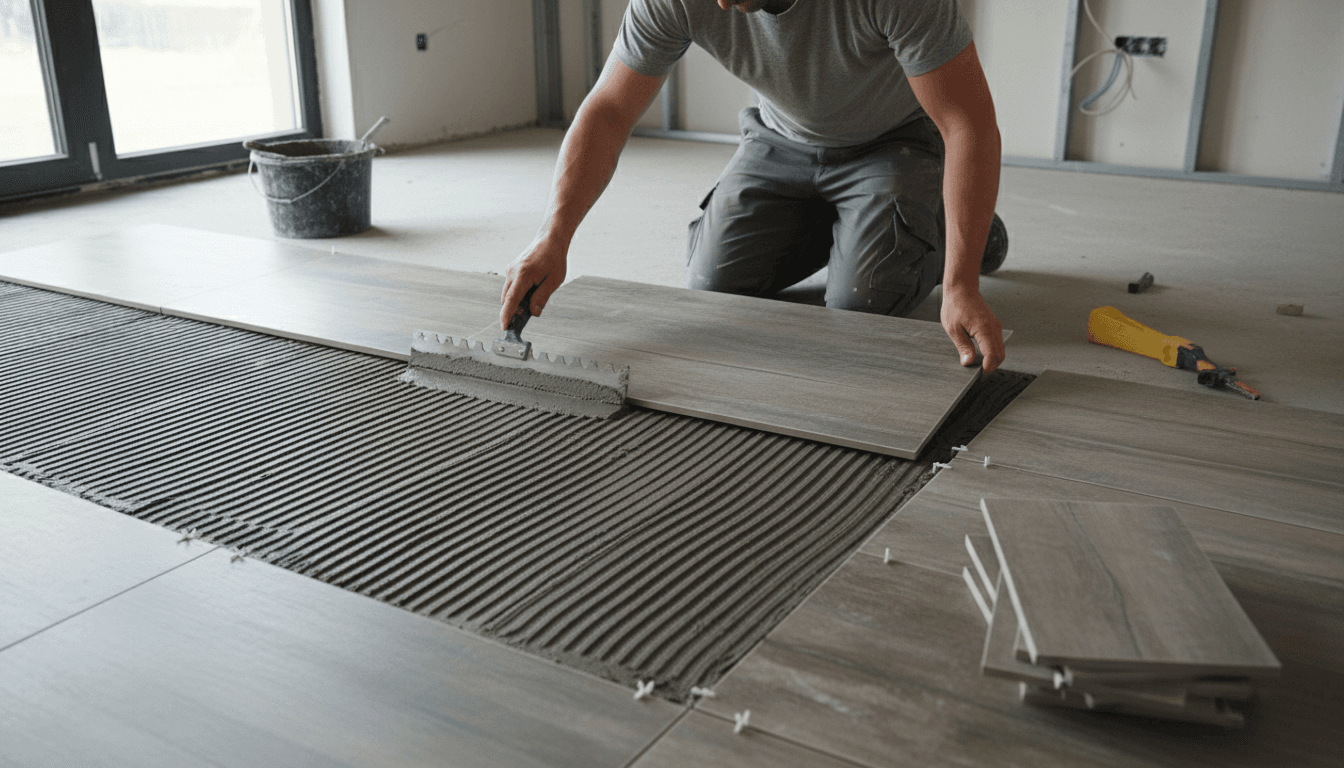 Tradesman installing ceramic tile with a trowel and spacers